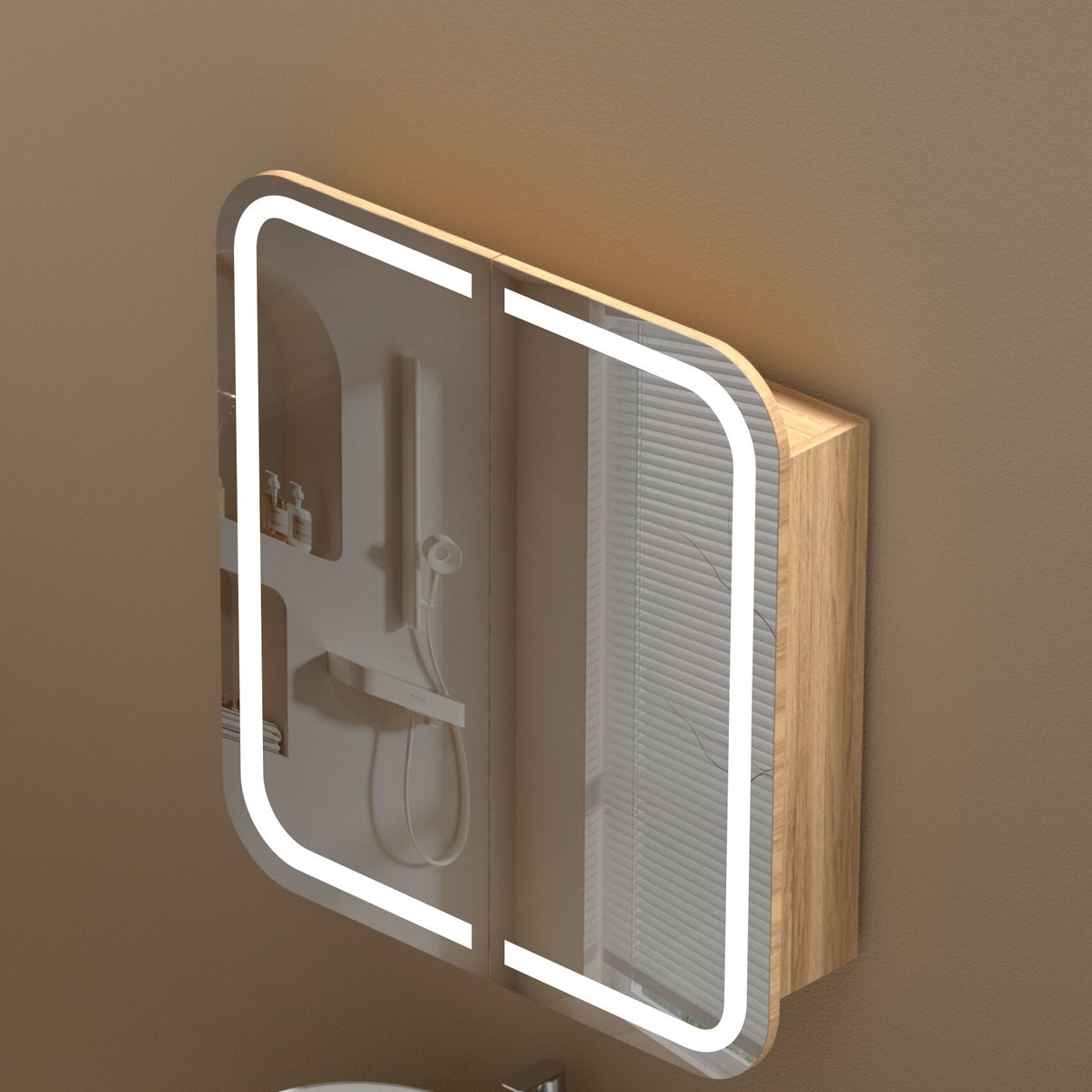 Navona Carysil Grand Rounded Rectangle LED Shaving Cabinet 750 x 800mm Walnut