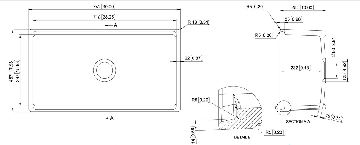 Navona Carysil Fine Fireclay Single Bowl Farmhouse Sink 762 x 457 x 254mm technical drawing