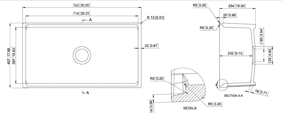 Navona Carysil Fine Fireclay Single Bowl Farmhouse Sink 762 x 457 x 254mm technical drawing