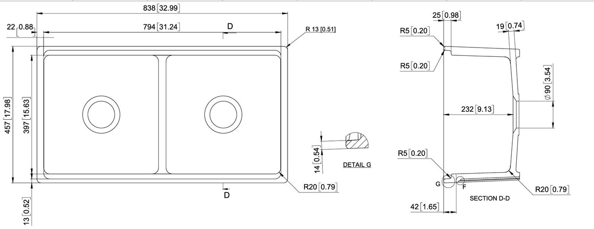 Navona Carysil Fine Fireclay Double Bowl Farmhouse Sink 838 x 457 x 232mm technical drawing