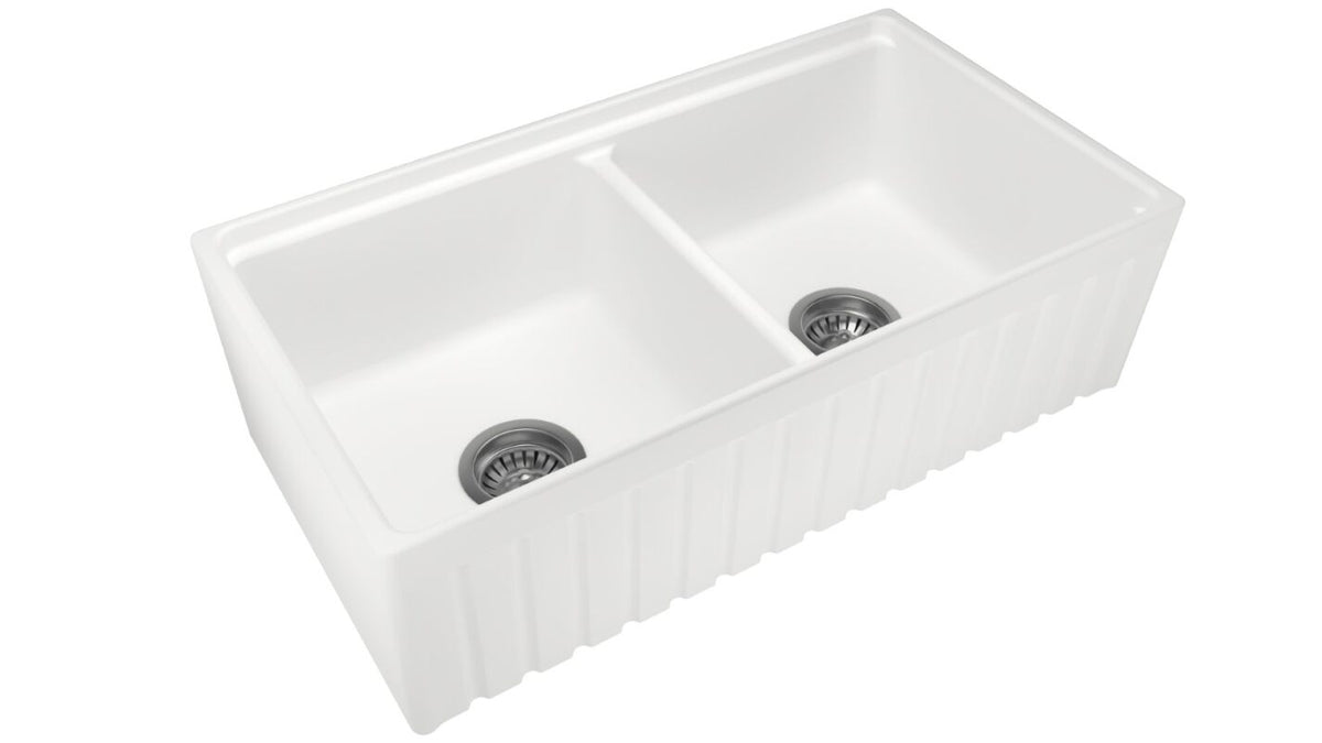 Navona Carysil Fine Fireclay Double Bowl Farmhouse Sink 838 x 457 x 232mm Snova White