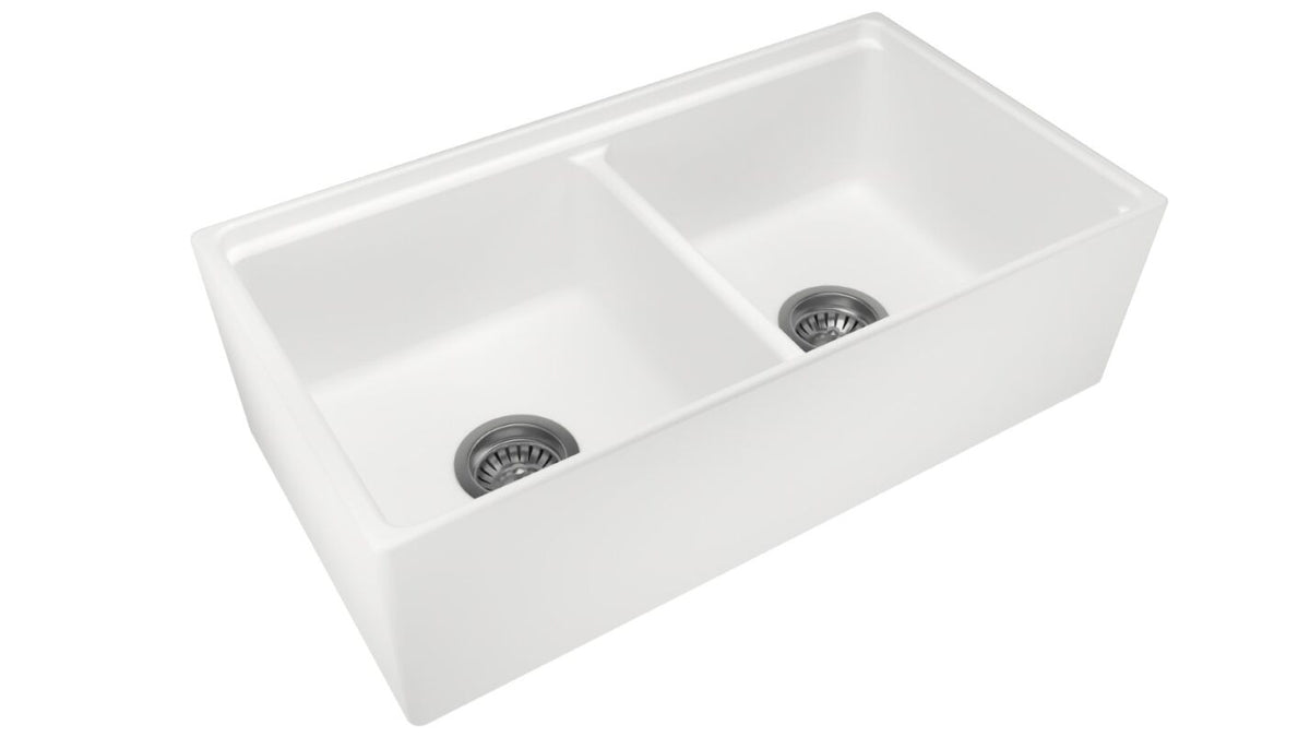 Navona Carysil Fine Fireclay Double Bowl Farmhouse Sink 838 x 457 x 232mm Snova White