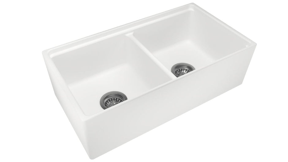 Navona Carysil Fine Fireclay Double Bowl Farmhouse Sink 838 x 457 x 232mm Snova White