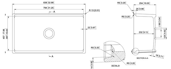 Navona Carysil Fine Fireclay Fluted Single Bowl Farmhouse Sink 838 x 457 x 232mm technical drawing