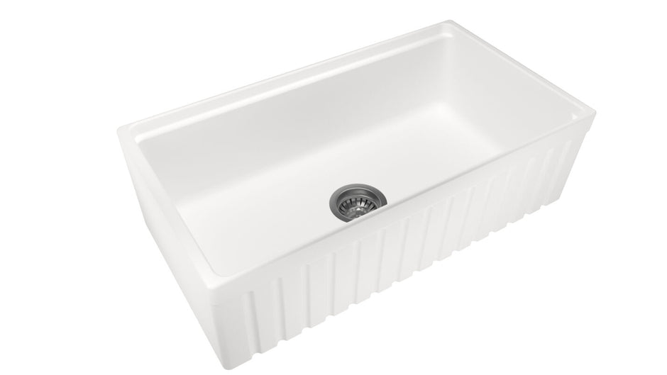 Navona Carysil Fine Fireclay Fluted Single Bowl Farmhouse Sink 838 x 457 x 232mm Snova White
