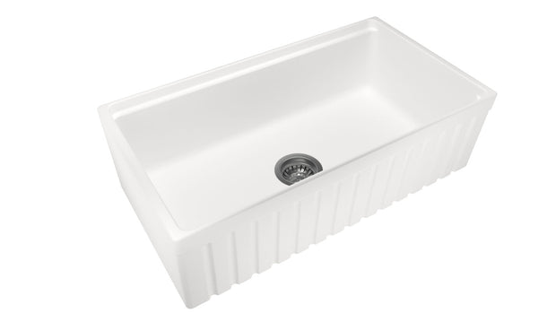 Navona Carysil Fine Fireclay Fluted Single Bowl Farmhouse Sink 838 x 457 x 232mm Snova White