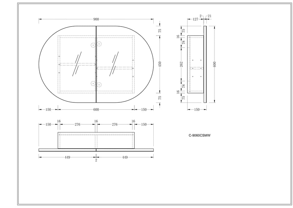 Navona Carysil Mystic Oval Shaving Cabinet 900 x 600mm technical drawing