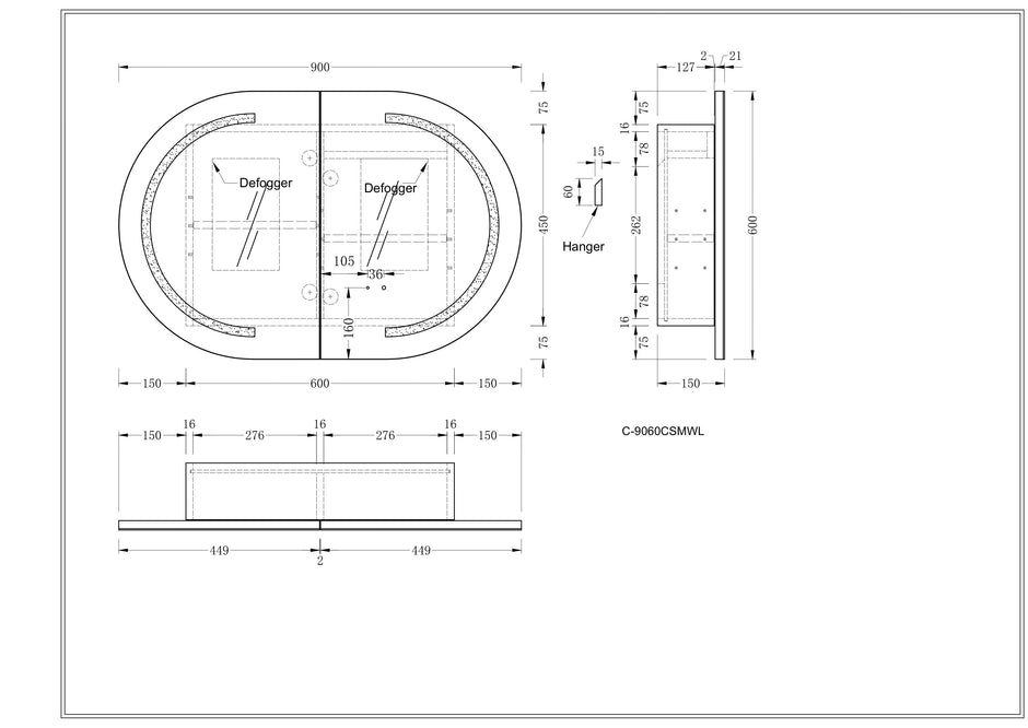 Navona Carysil Mystic Oval LED Shaving Cabinet 900 x 600mm technical drawing