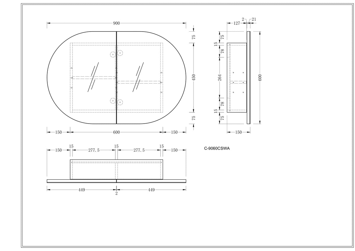 Navona Carysil Mystic Oval Shaving Cabinet 900 x 600mm technical drawing