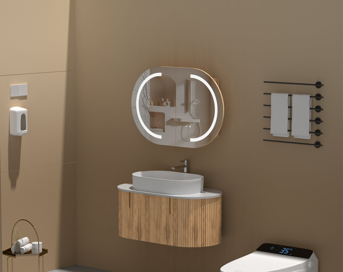 Navona Carysil Mystic Oval LED Shaving Cabinet 900 x 600mm Walnut