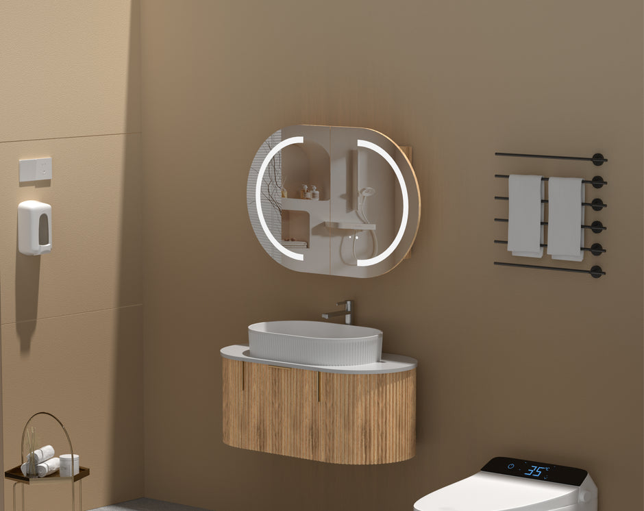 Navona Carysil Mystic Oval LED Shaving Cabinet 900 x 600mm Walnut