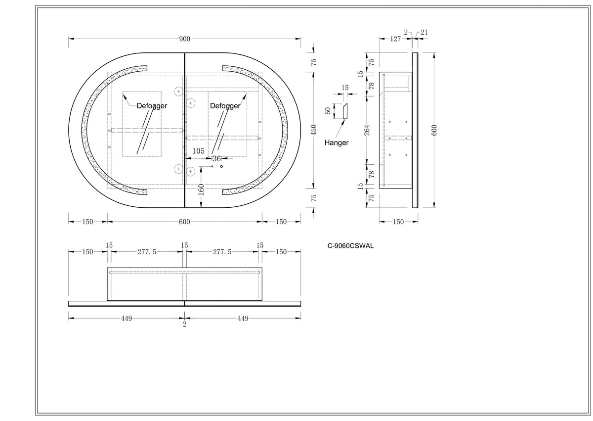 Navona Carysil Mystic Oval LED Shaving Cabinet 900 x 600mm technical drawing