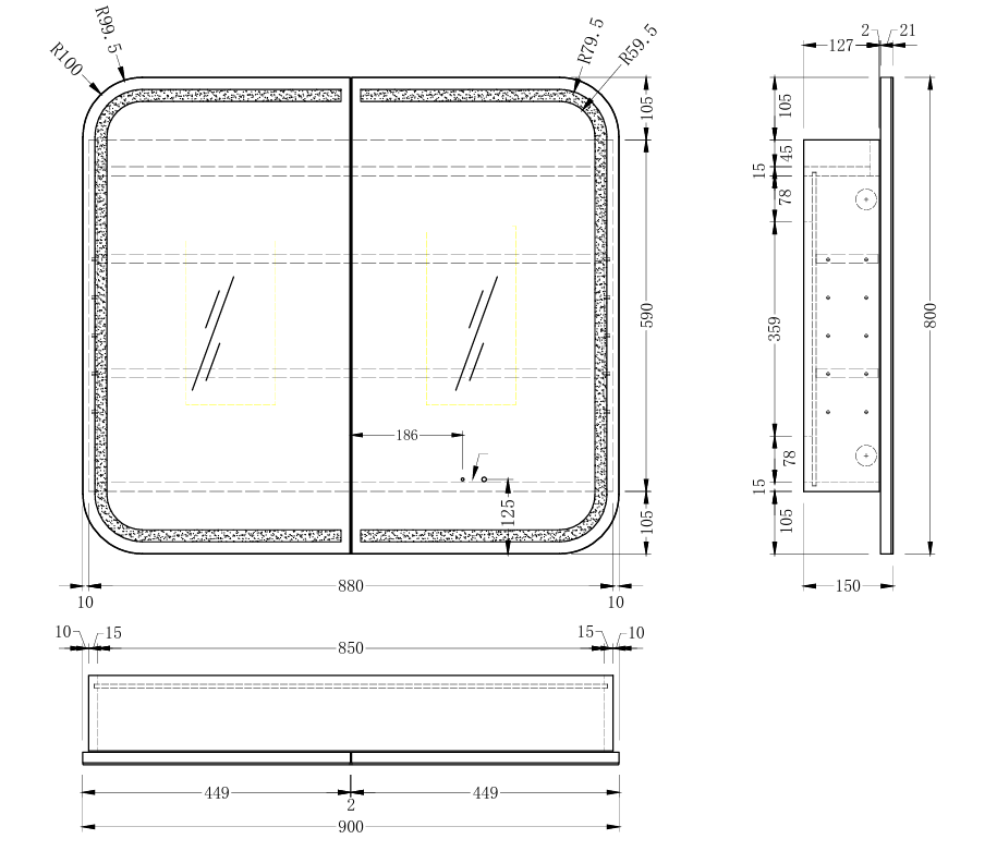 Navona Carysil Grand Rounded Rectangle LED Shaving Cabinet 900 x 800mm technical drawing