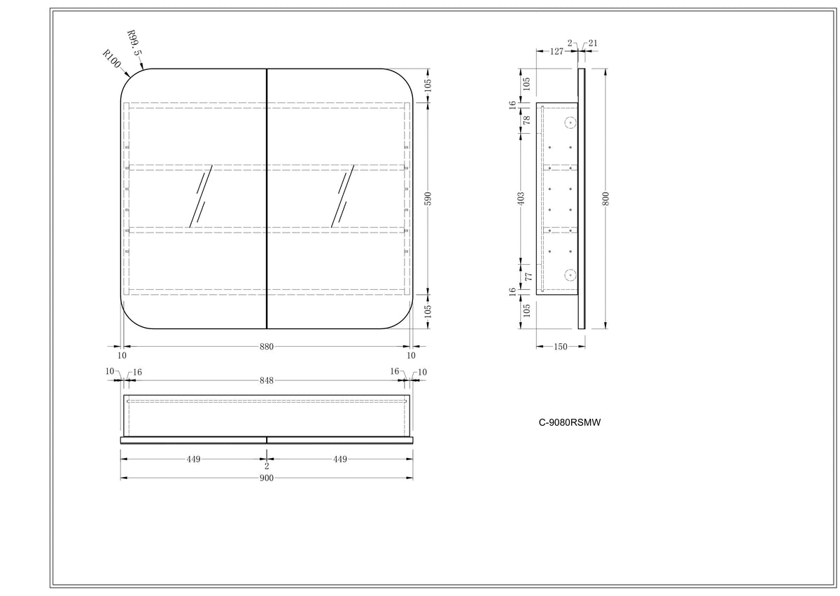 Navona Carysil Grand Rounded Rectangle Shaving Cabinet 900 x 800mm technical drawing