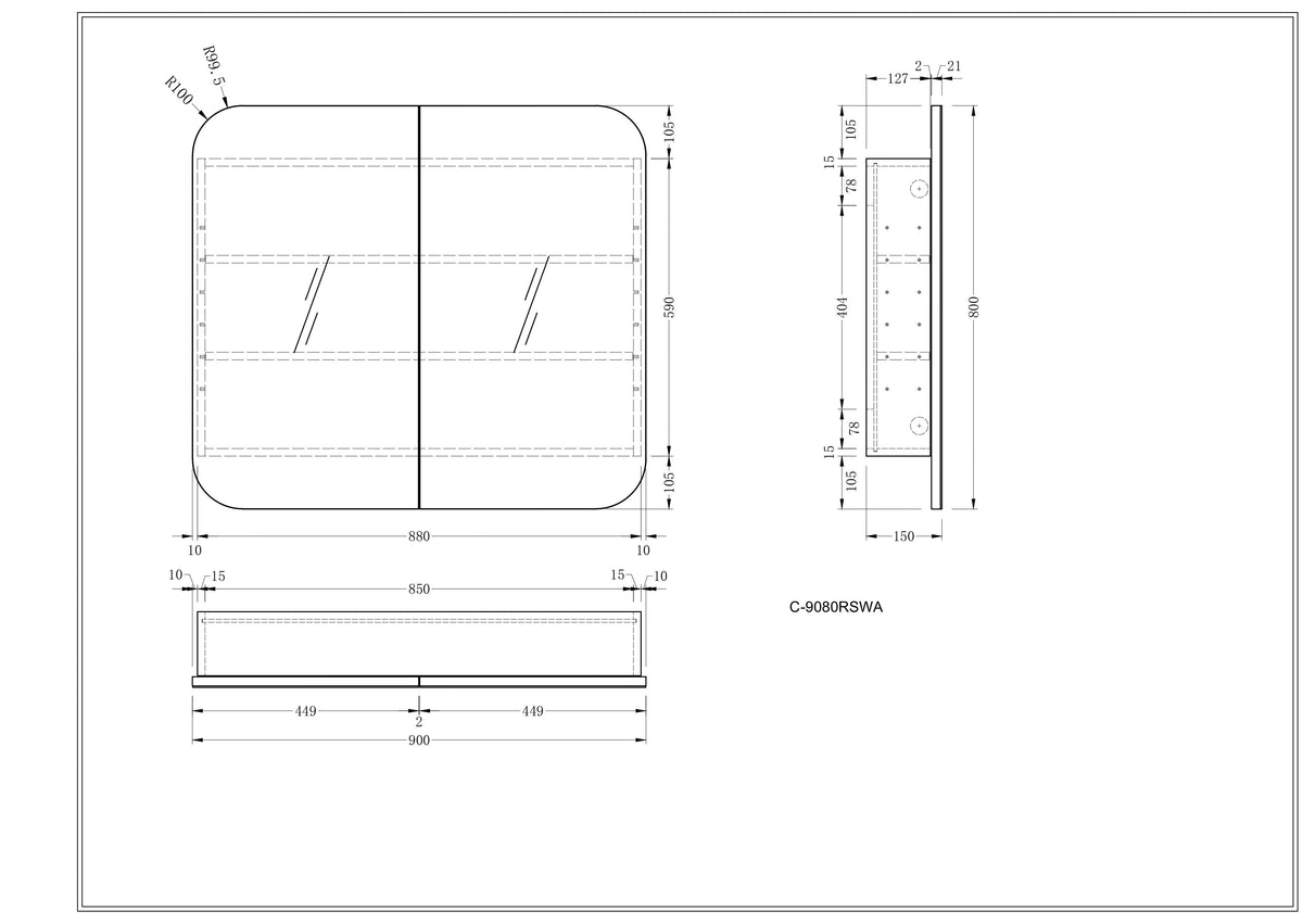 Navona Carysil Grand Rounded Rectangle Shaving Cabinet 900 x 800mm technical drawing