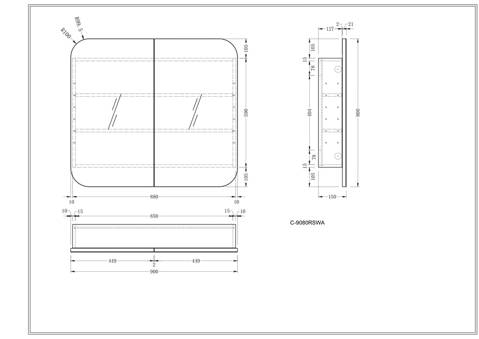 Navona Carysil Grand Rounded Rectangle Shaving Cabinet 900 x 800mm technical drawing