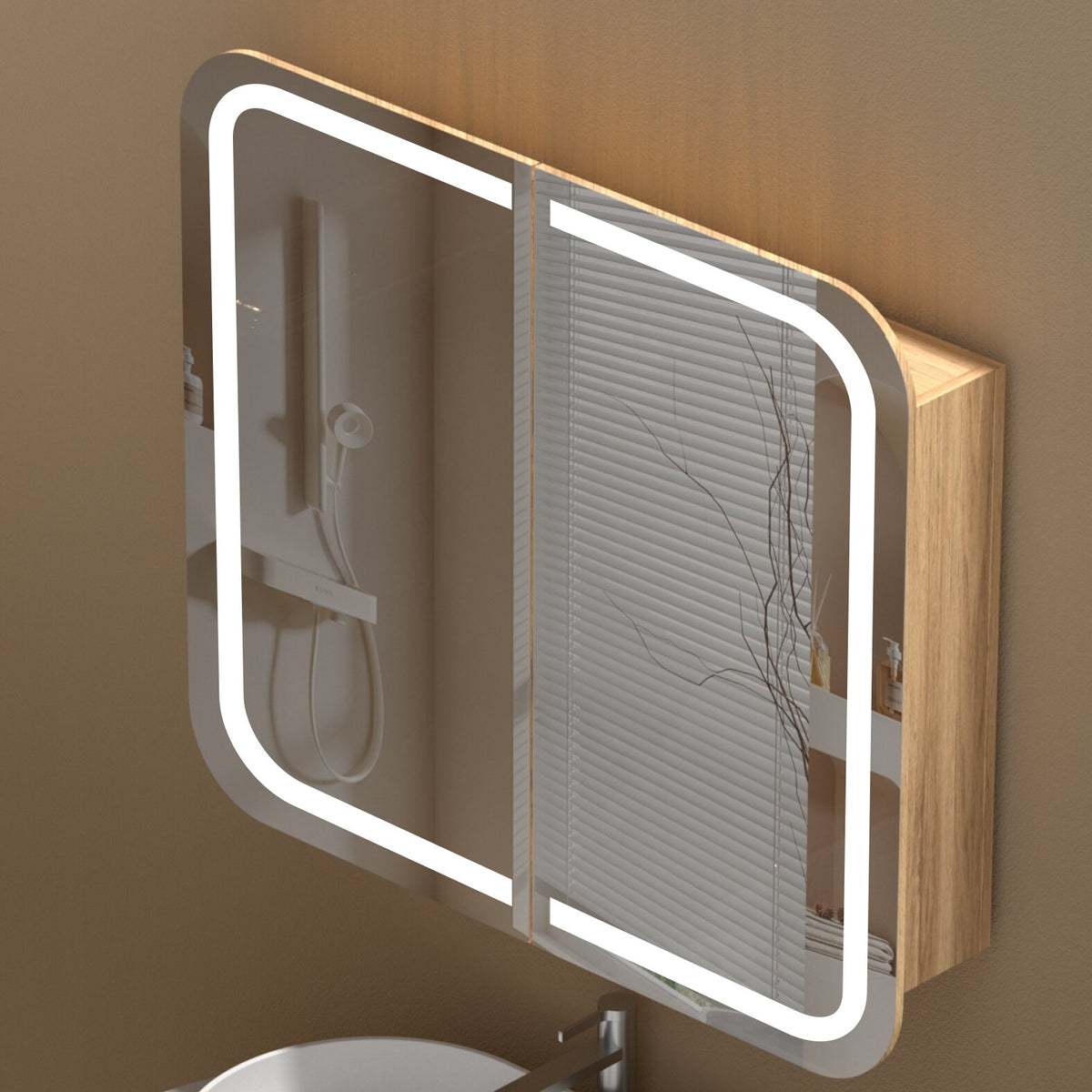 Navona Carysil Grand Rounded Rectangle LED Shaving Cabinet 900 x 800mm Walnut