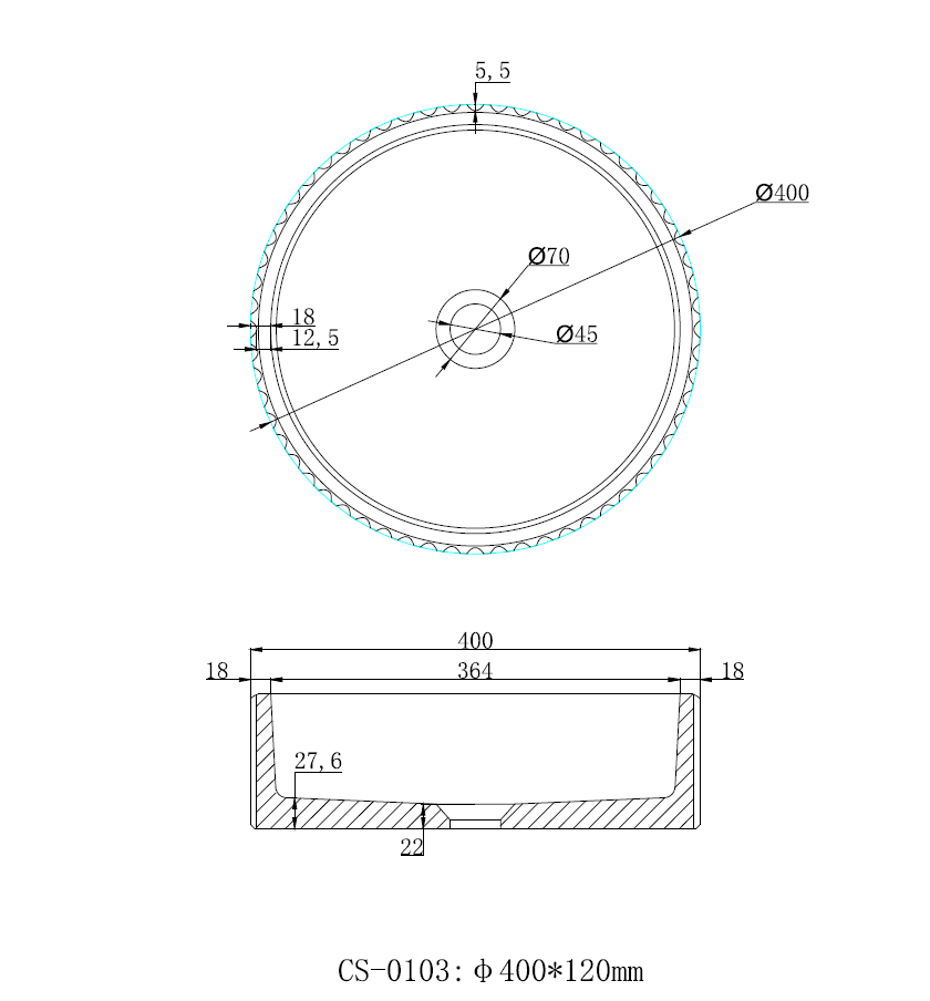 Navona Carysil Fluted Above Counter Concrete Basin 400 x 400 x 120mm technical drawing