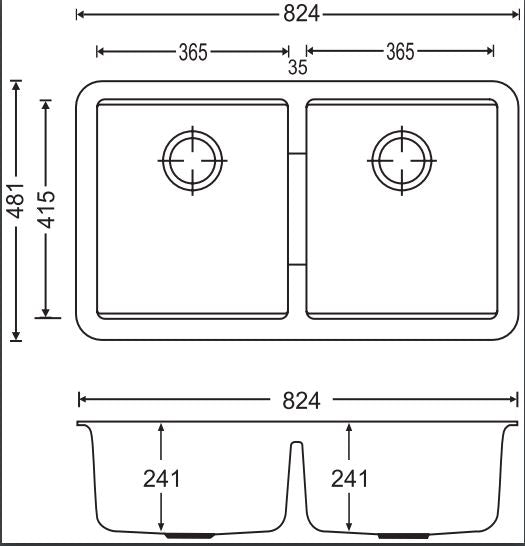 Navona CG2B 3322 Double Bowl Granite Sink 824 x 481 x 241mm technical drawing
