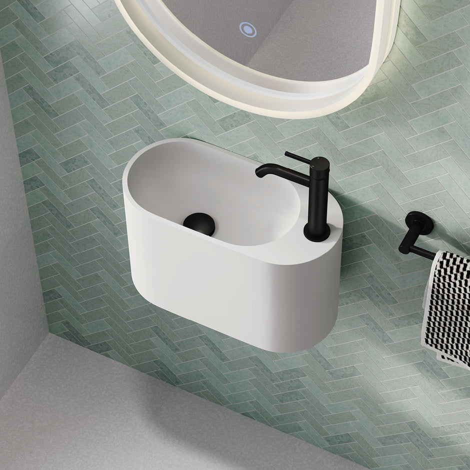 Fienza Ari Solid Surface Wall Basin, Matte White wall hung vanity