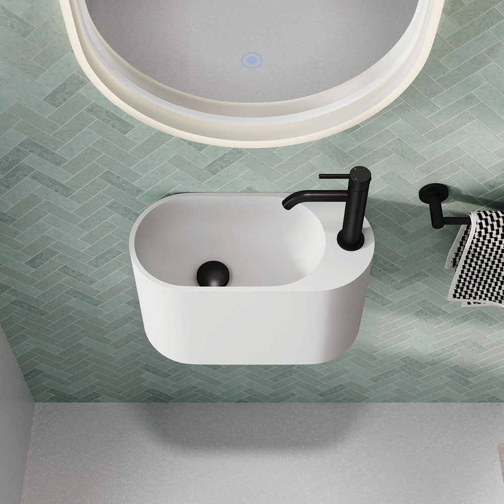 Fienza Ari Solid Surface Wall Basin, Matte White wall hung vanity