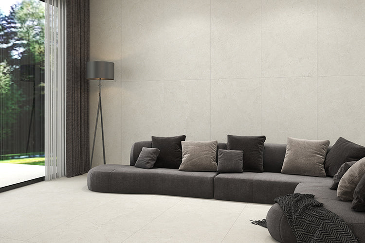 Cairo Artic Limestone Look Porcelain Tiles in a room setting