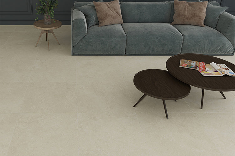 Cairo Bone Limestone Look Porcelain Tiles in a room setting