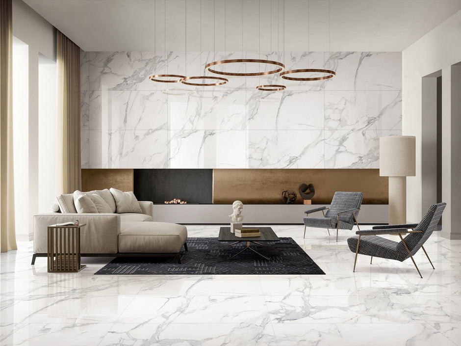 Grand Marble Calacatta Extra Porcelain Tiles in a room setting