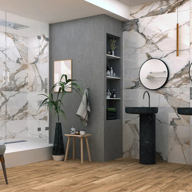 Calacutta Aurous Matt Marble Look Porcelain Tiles in a room setting