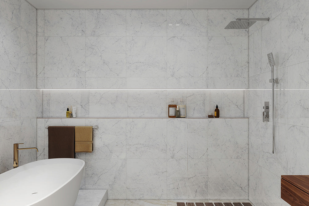 Euromarmo Carrara Venatino Marble Look Porcelain Tiles in a room setting