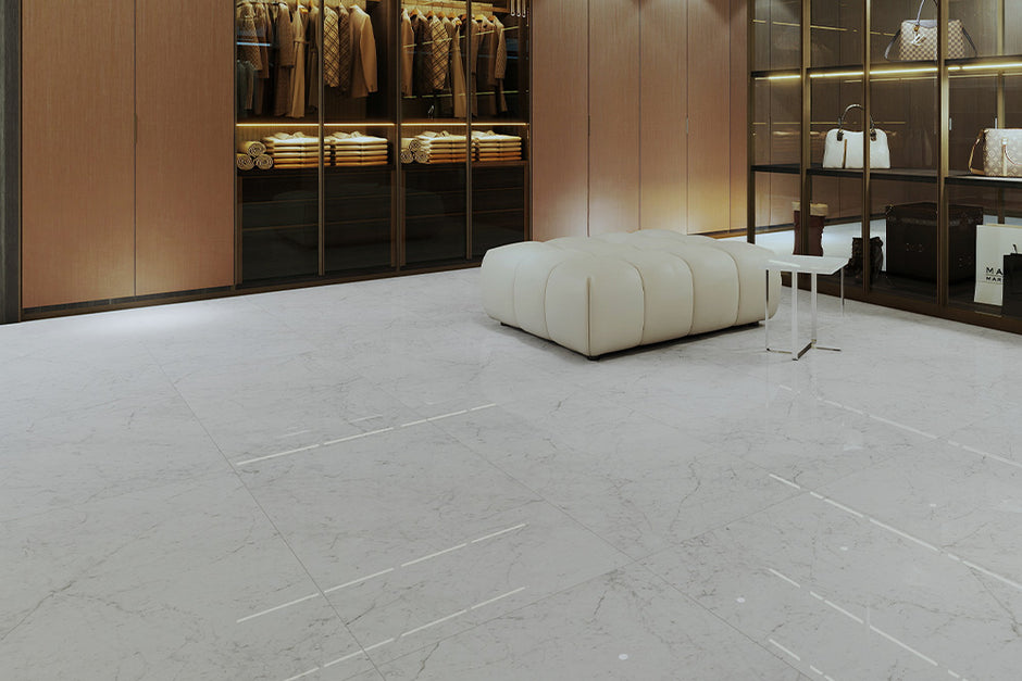 Euromarmo Carrara Venatino Marble Look Porcelain Tiles in a room setting