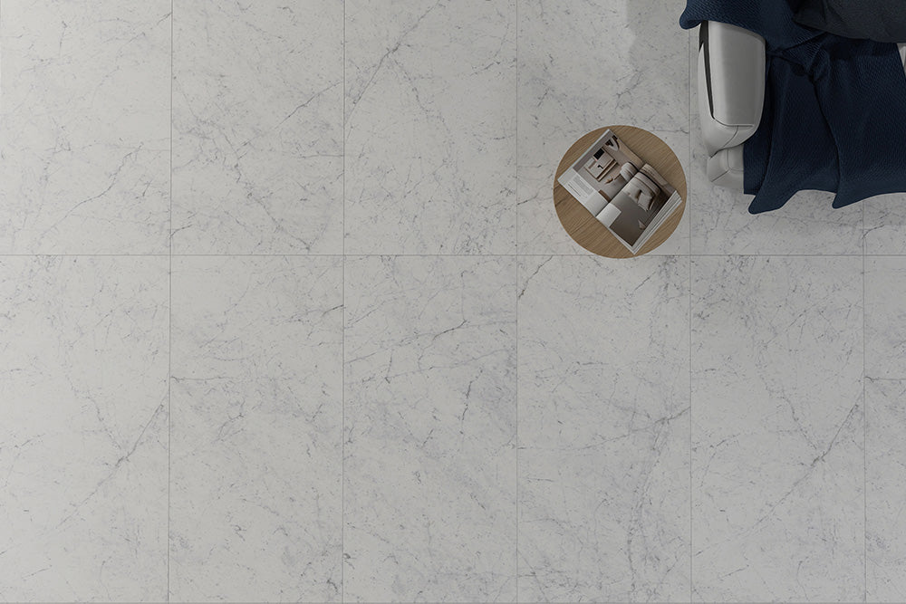 Euromarmo Carrara Venatino Marble Look Porcelain Tiles in a room setting