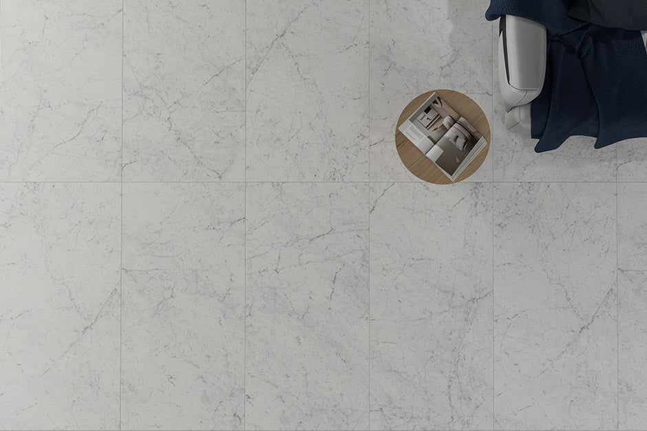 Euromarmo Carrara Venatino Marble Look Porcelain Tiles in a room setting