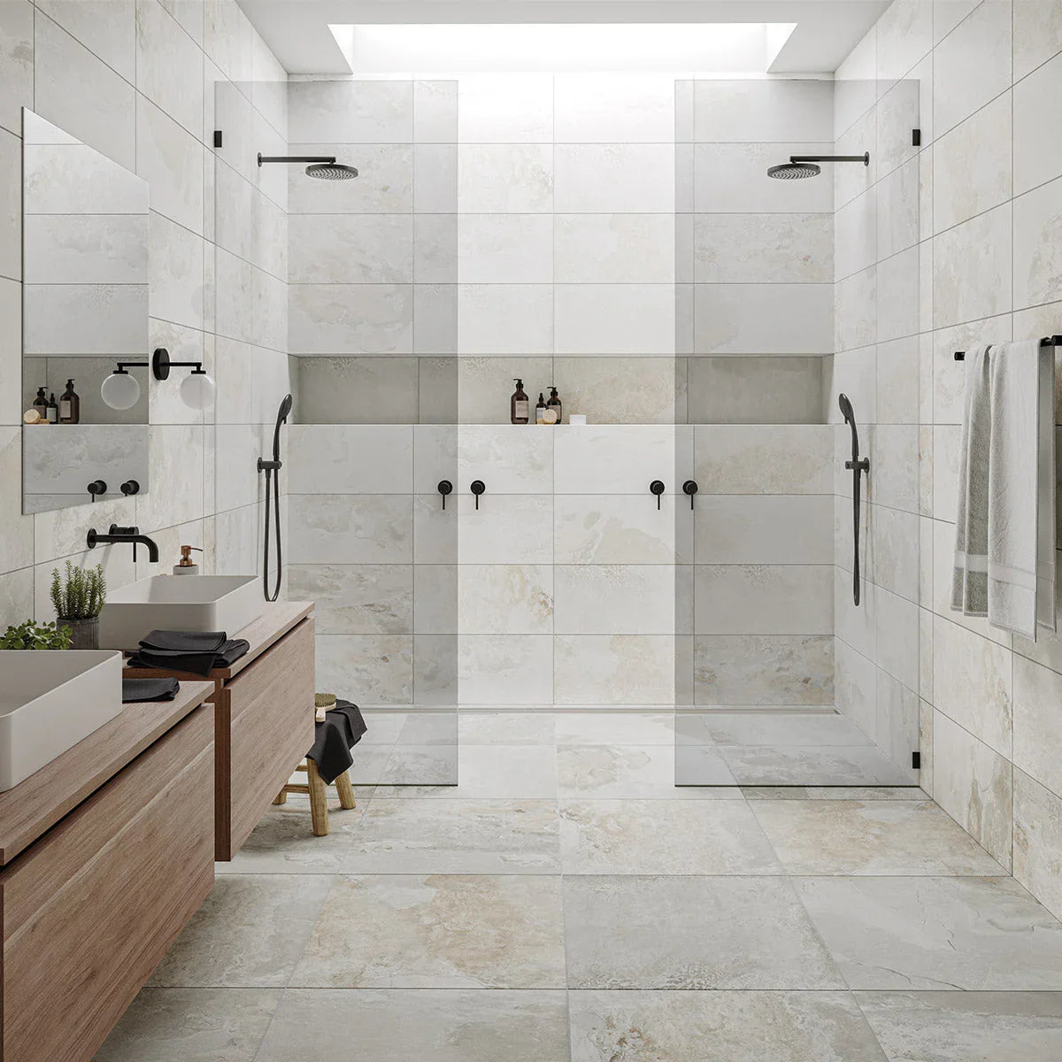 Castleford Blanco Stone Look Porcelain Tiles in a room setting