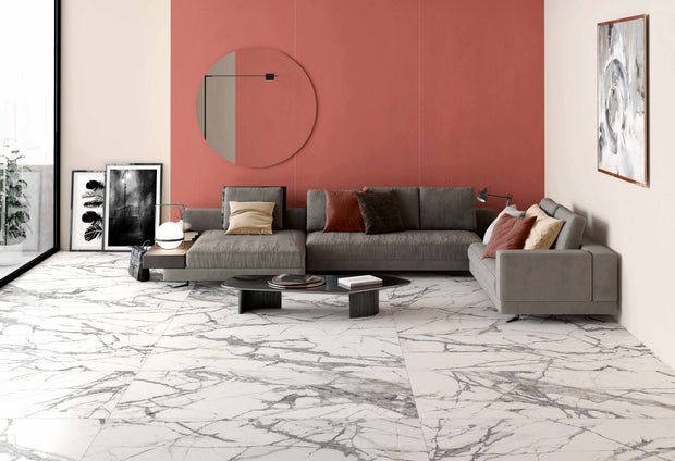Florence Cellini Marble Look Porcelain Tiles in a room setting
