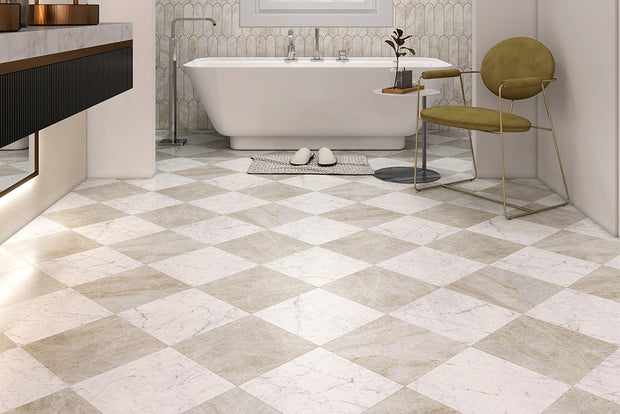 Euromarmo Carrara Venatino Marble Look Porcelain Tiles in a room setting