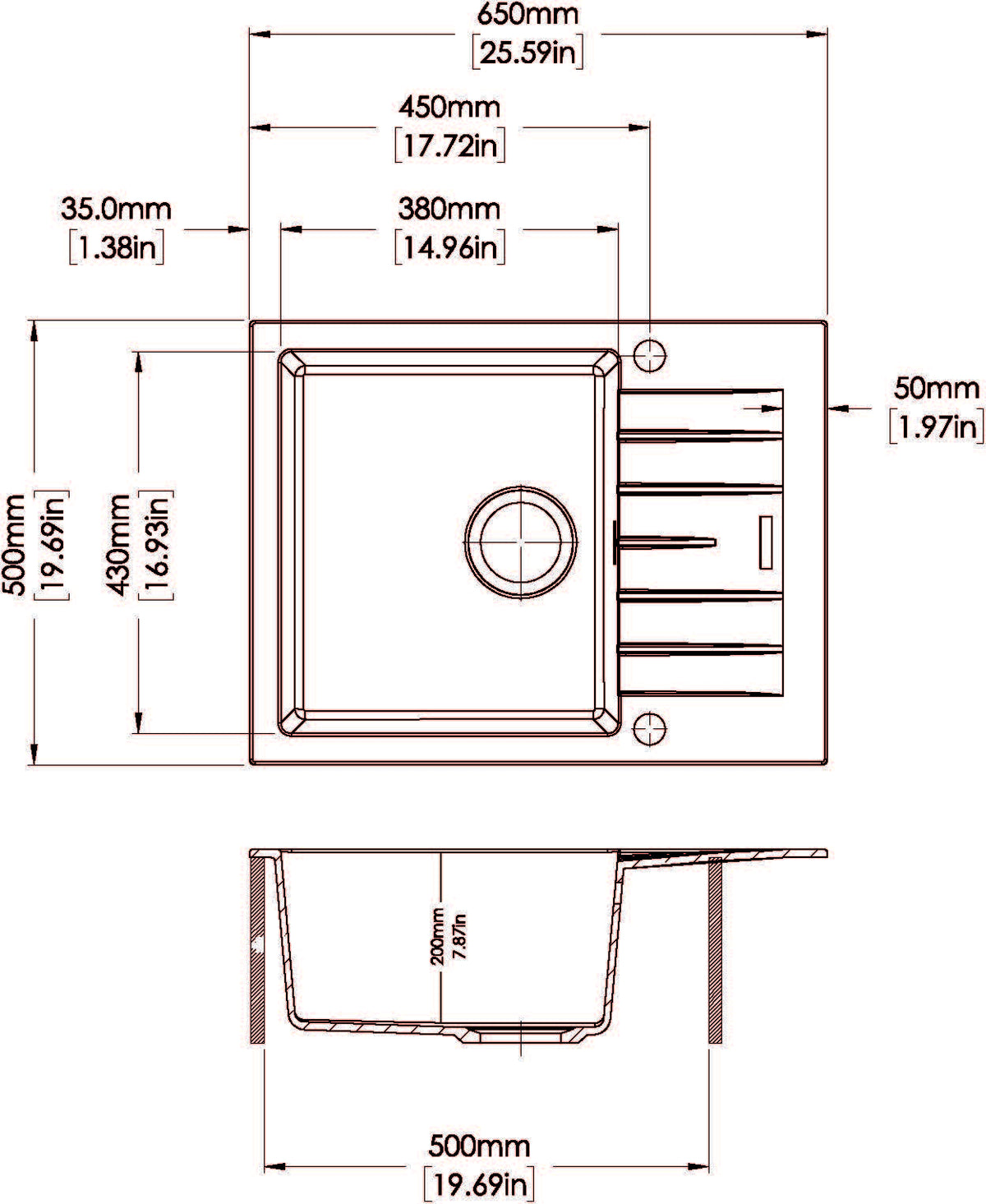 Navona Carysil City D100 Single Bowl Granite Sink with Drainer 650 x 500 x 200mm technical drawing