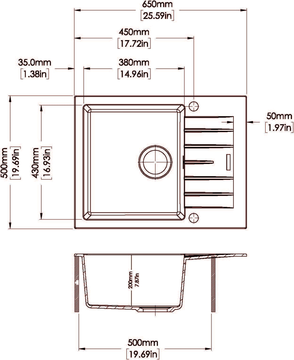 Navona Carysil City D100 Single Bowl Granite Sink with Drainer 650 x 500 x 200mm technical drawing