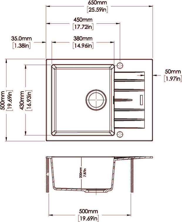 Navona Carysil City D100 Single Bowl Granite Sink with Drainer 650 x 500 x 200mm technical drawing