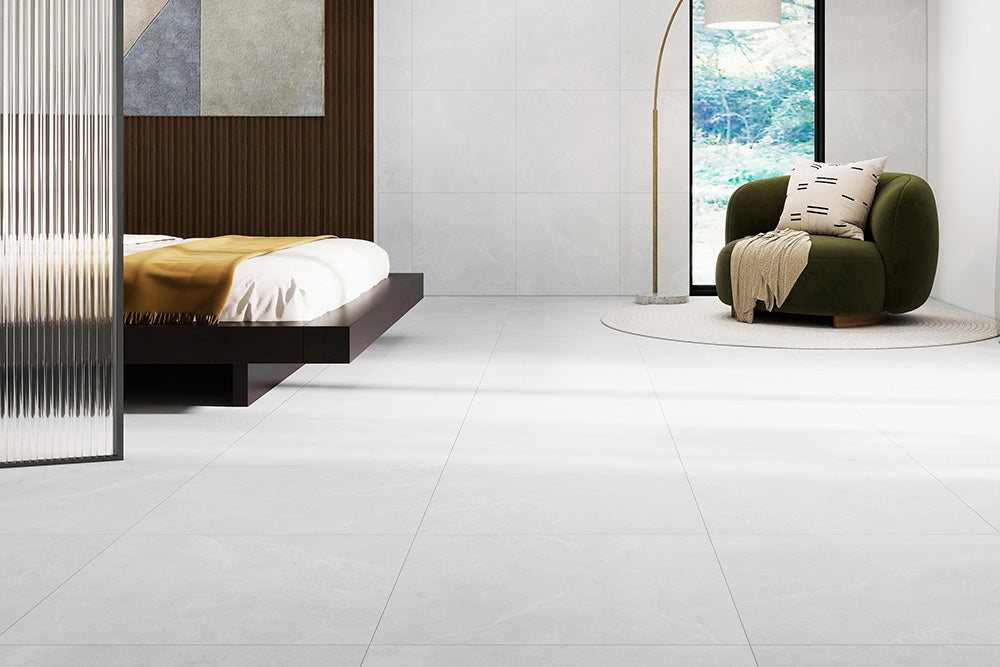Skyline Cloudline Stone Look Porcelain Tiles in a room setting