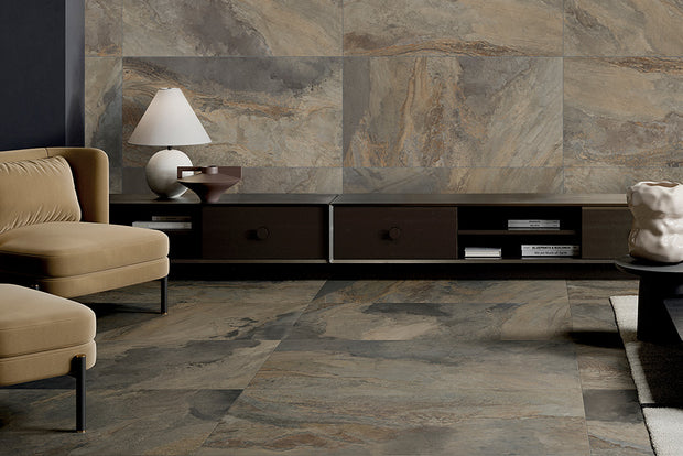 Cometal Iron Metallic Look Porcelain Tiles in a room setting