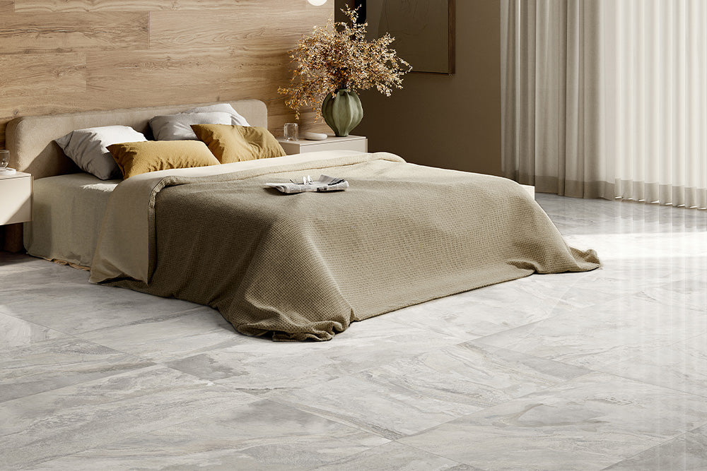 Cometal Zink Metallic Look Porcelain Tiles in a room setting