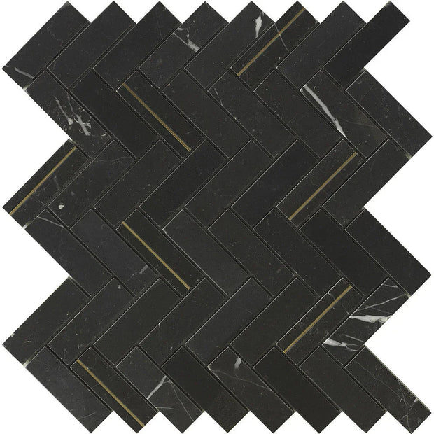 Deco Nero Marquina Herringbone Marble Look Porcelain Tiles tile
