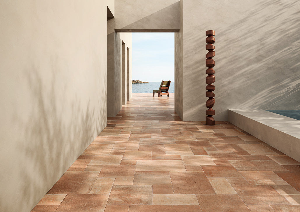 Terra French Pattern Dolce Patterned Porcelain Tiles in a room setting