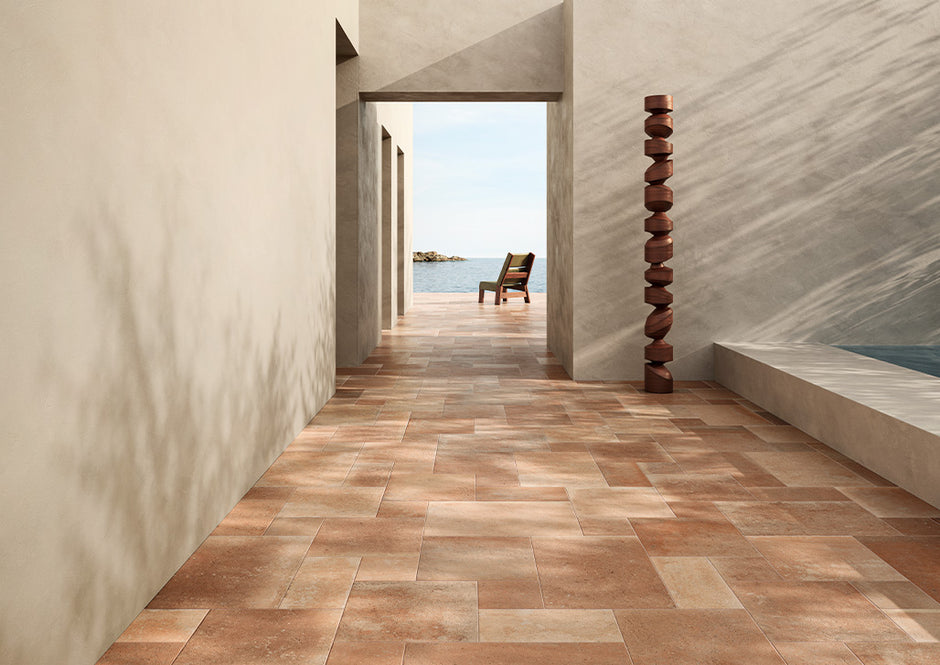 Terra French Pattern Dolce Patterned Porcelain Tiles in a room setting