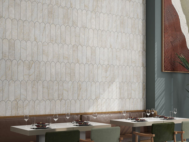 Euromarmo Taj Mahal Feather Porcelain Mosaic in a room setting
