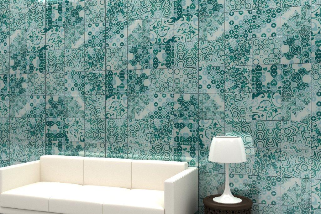 Renaissance Classic Blue Glass Tiles 200x200mm in a room setting