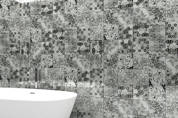 Renaissance Classic Grey Glass Tiles 200x200mm in a room setting