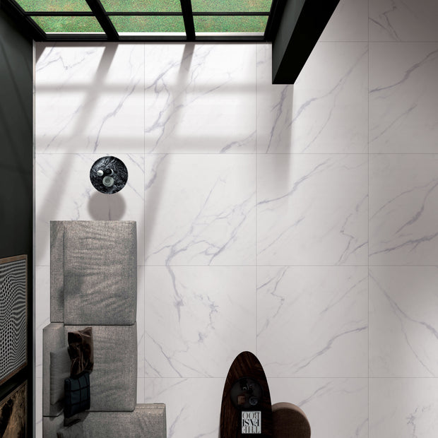 Elite Marble Bianco Venato Porcelain Tiles in a room setting