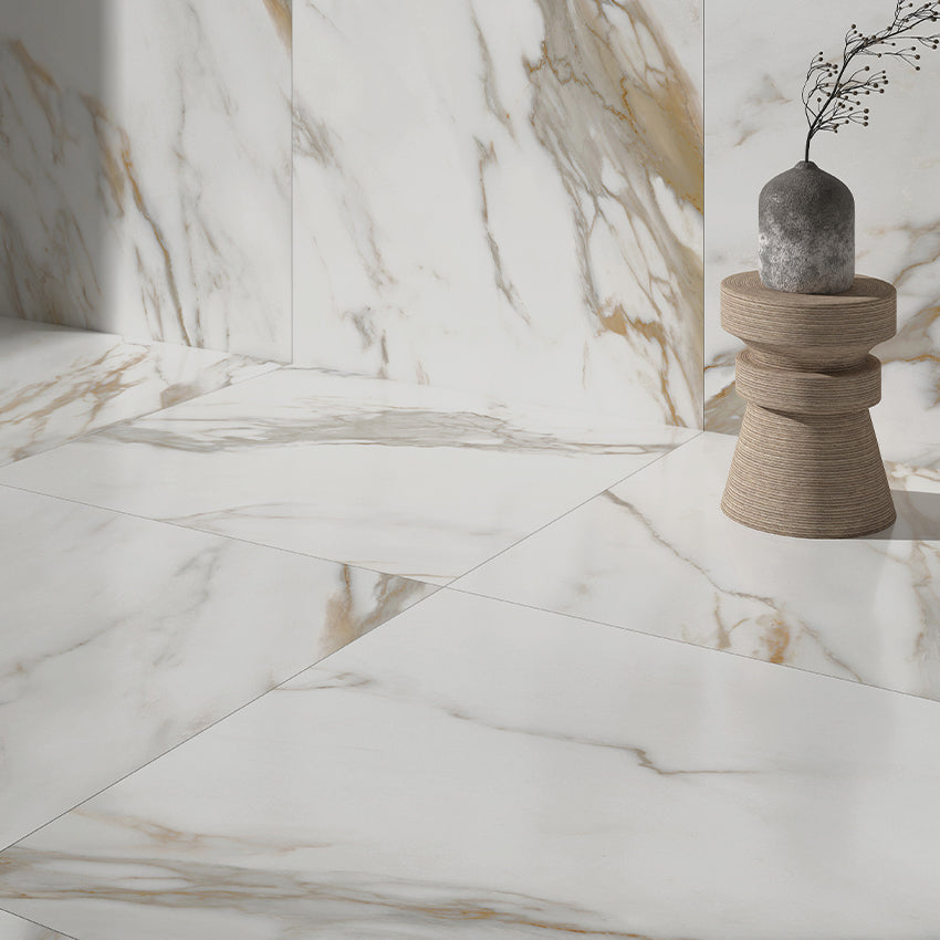 Elite Marble Calacatta Macchia Porcelain Tiles in a room setting